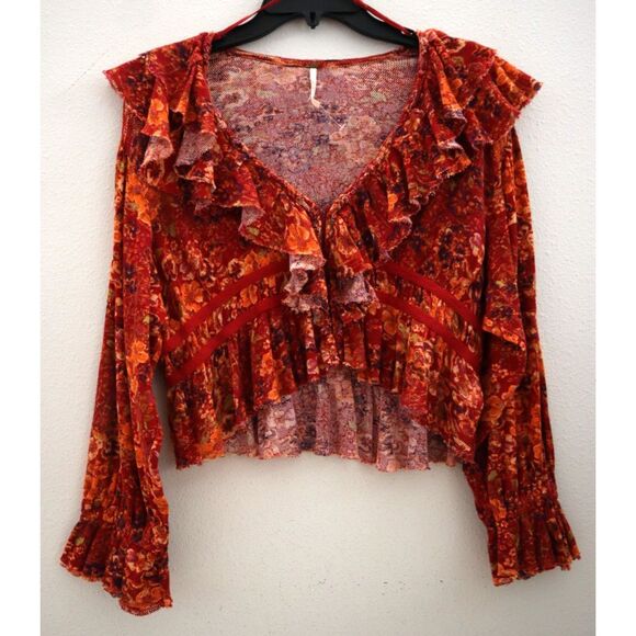 Free People OB1595772 Women's Sz M Cherry Combo Floral Rudi Ruffle Top - Picture 1 of 9
